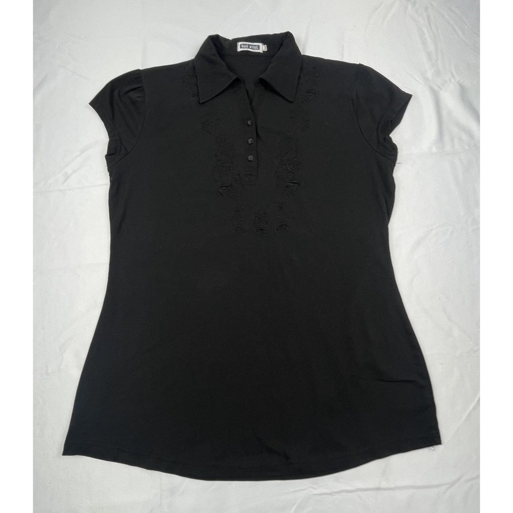 UNI GIRL WOMENS XXL BLACK EMBROIDERED POLO TOP SHORT CAP